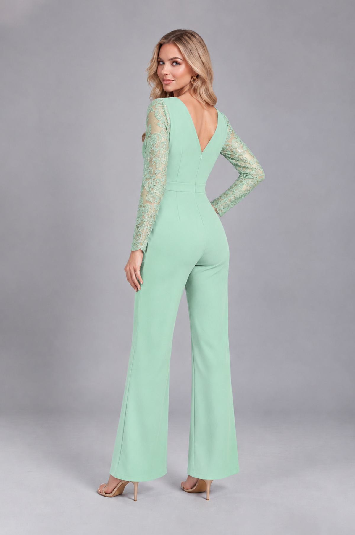 BOLODOO Mint Green Lace Long-Sleeve V-Neck Mother Pant Suit - Mint Green - Mint Green_2