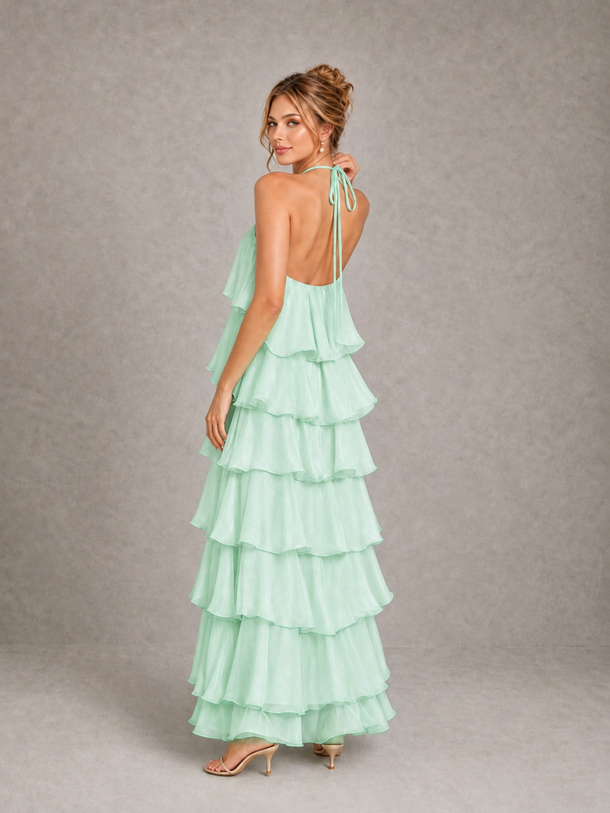 BOLODOO Mint Green Halter Tiered Ruffle Maxi Bridesmaid Dress - Mint Green - Mint Green_2