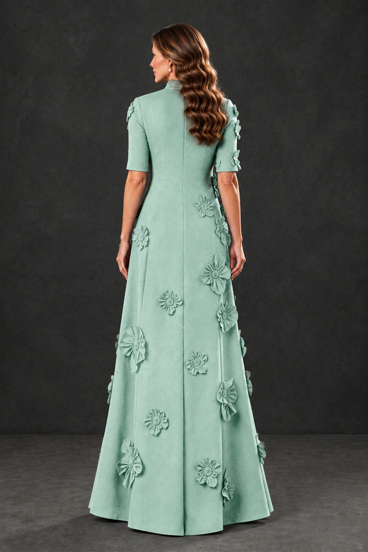 BOLODOO Mint Green Floral Applique High-Neck Half-Sleeve Gown - Mint Green - Mint Green_2