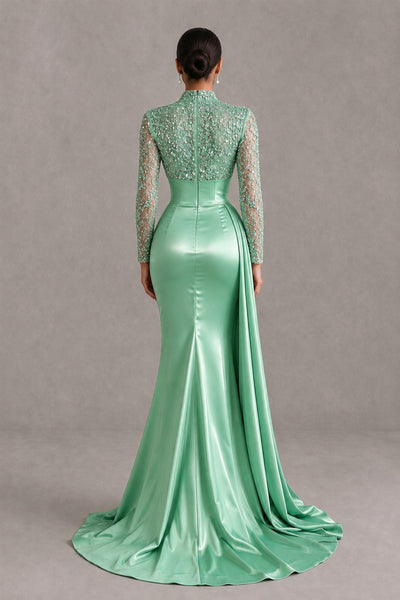 BOLODOO Mint Green Long Sleeve Embellished Satin Mermaid Evening Gown - Mint Green - Mint Green_2