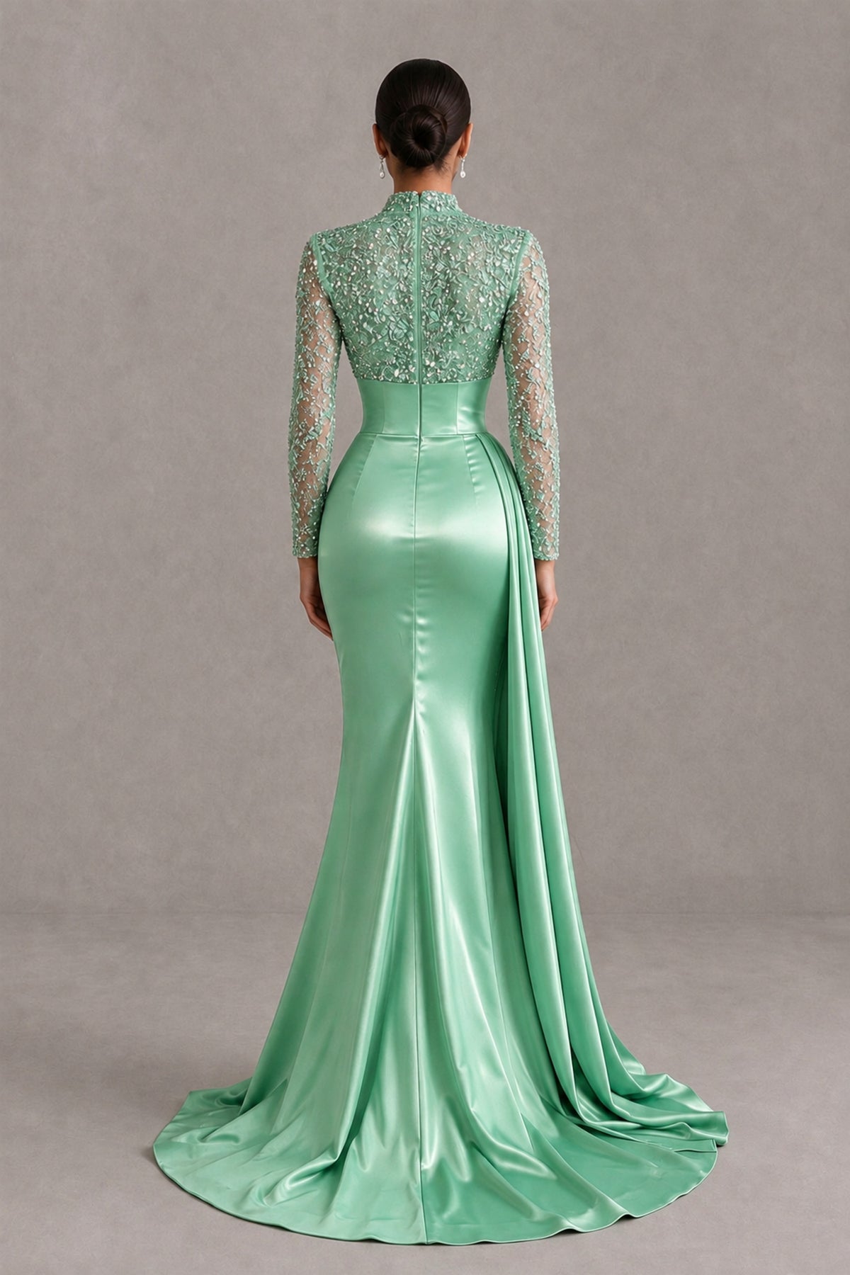 BOLODOO Mint Green Long Sleeve Embellished Satin Mermaid Evening Gown - Mint Green - Mint Green_2