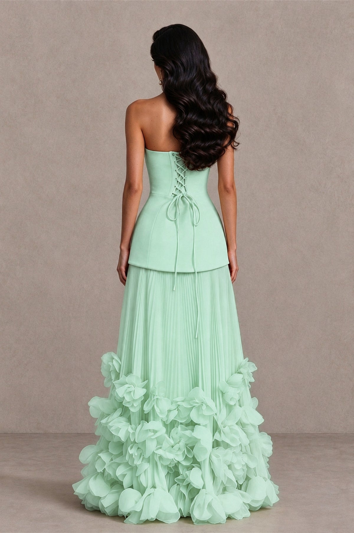 BOLODOO Mint Green Strapless Pleated Floral Hem Evening Gown - Mint Green - Mint Green_2