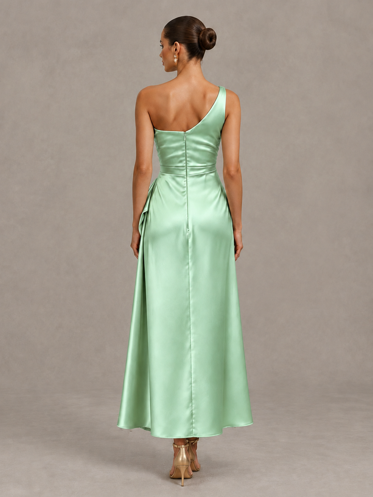 BOLODOO Mint Green One Shoulder Satin Cocktail Dress with Draped A-Line Skirt - Mint Green - Mint Green_2