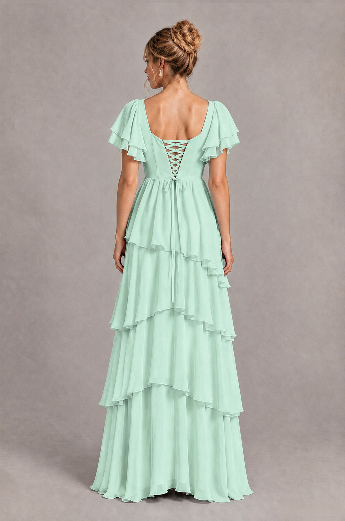 BOLODOO Mint Green Square Neck Flutter Sleeve Tiered Chiffon Bridesmaid Dress with Lace-Up Back - Mint Green - Mint Green_2