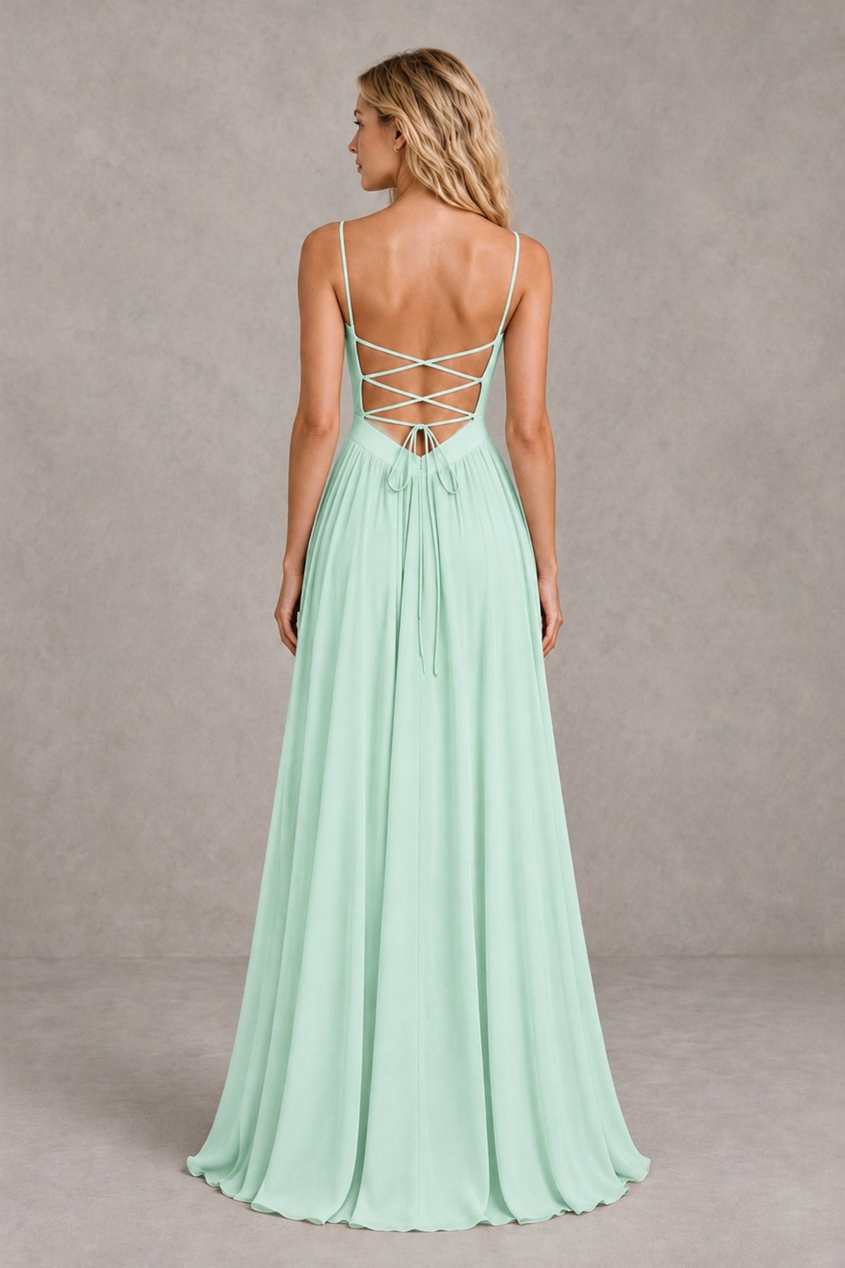 BOLODOO Mint Green Spaghetti Strap A-Line Bridesmaid Dress with Slit - Mint Green - Mint Green_2