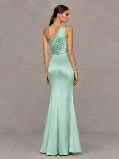 BOLODOO Mint Green One-Shoulder Ruched Satin-Look Evening Gown with High Slit - Mint Green - Mint Green_2