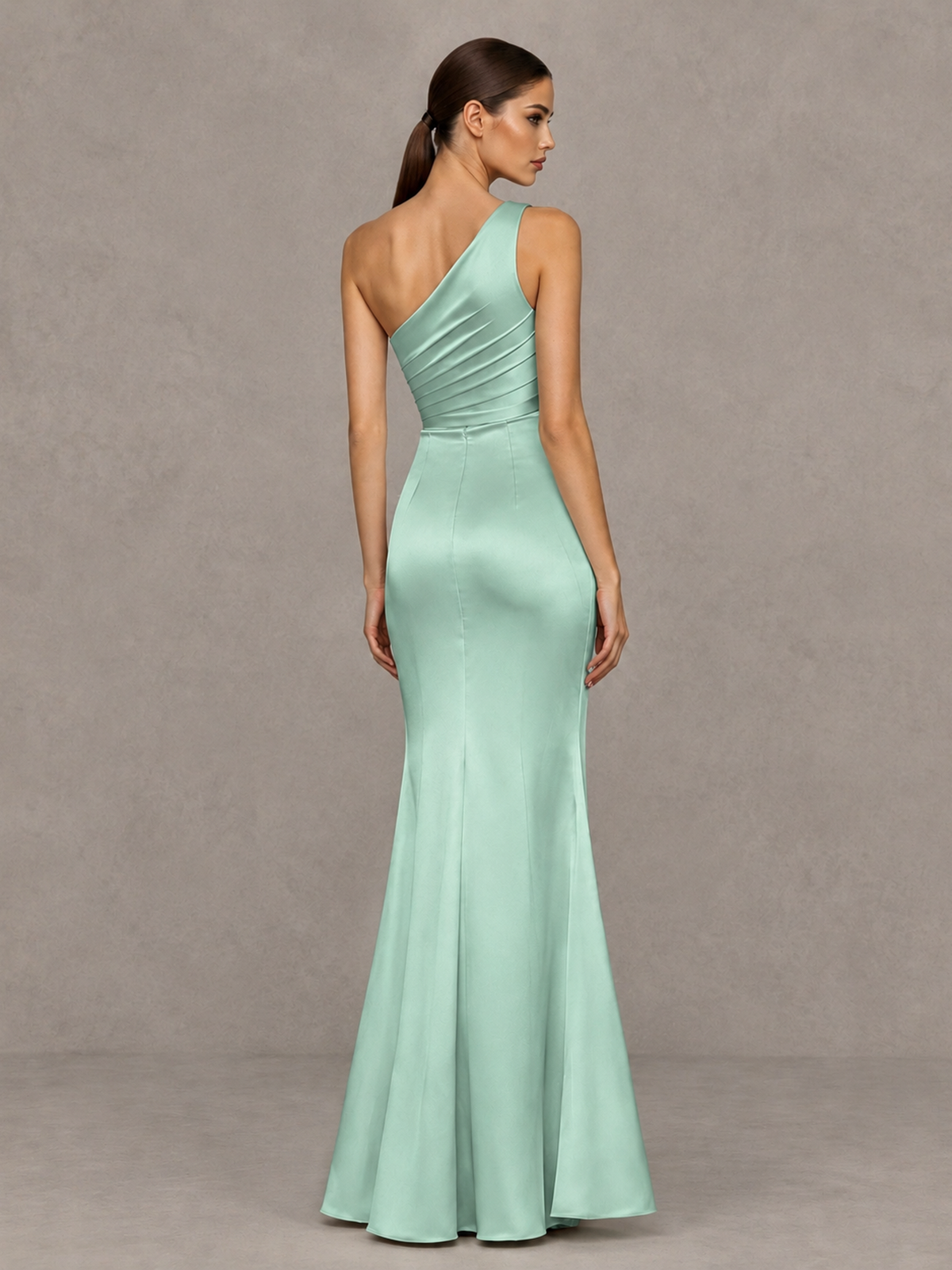 BOLODOO Mint Green One-Shoulder Ruched Satin-Look Evening Gown with High Slit - Mint Green - Mint Green_2