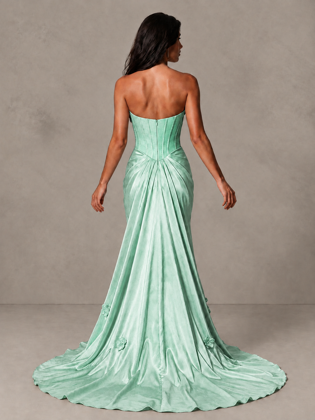BOLODOO Mint Green Strapless Floral Corset Evening Gown with Train - Mint Green - Mint Green_2