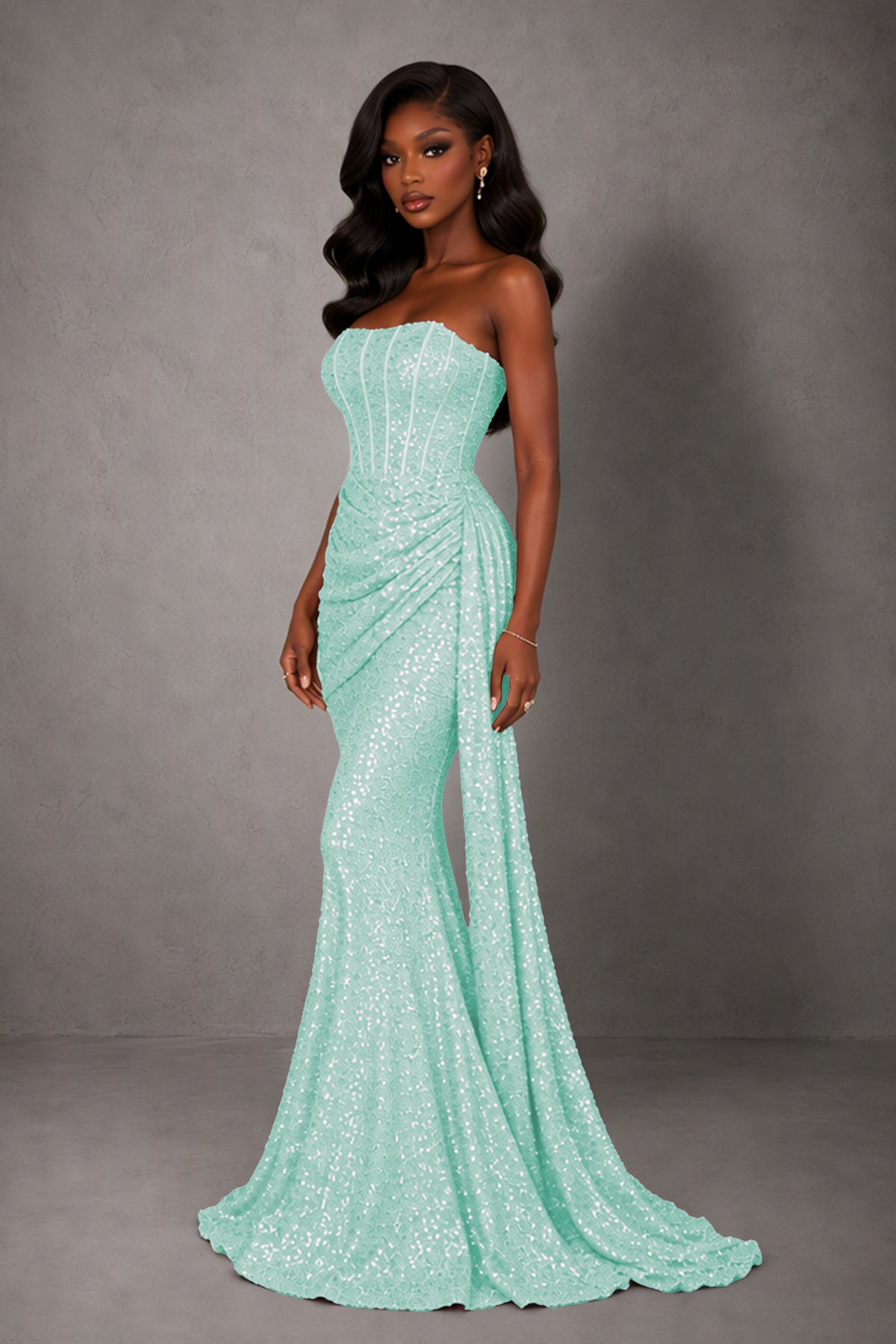 BOLODOO Mint Green Sequin Strapless Corset Mermaid Evening Gown with Train - Mint Green