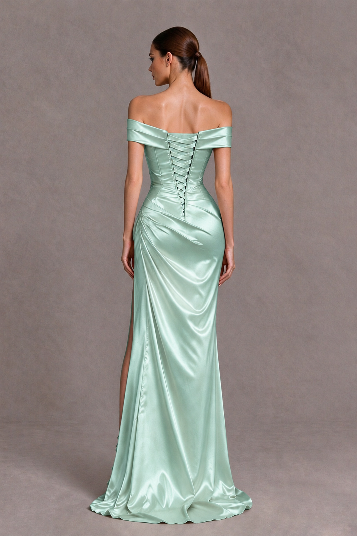 BOLODOO Mint Green Off-the-Shoulder Ruched Satin Prom & Evening Dress with High Slit - Mint Green - Mint Green_2