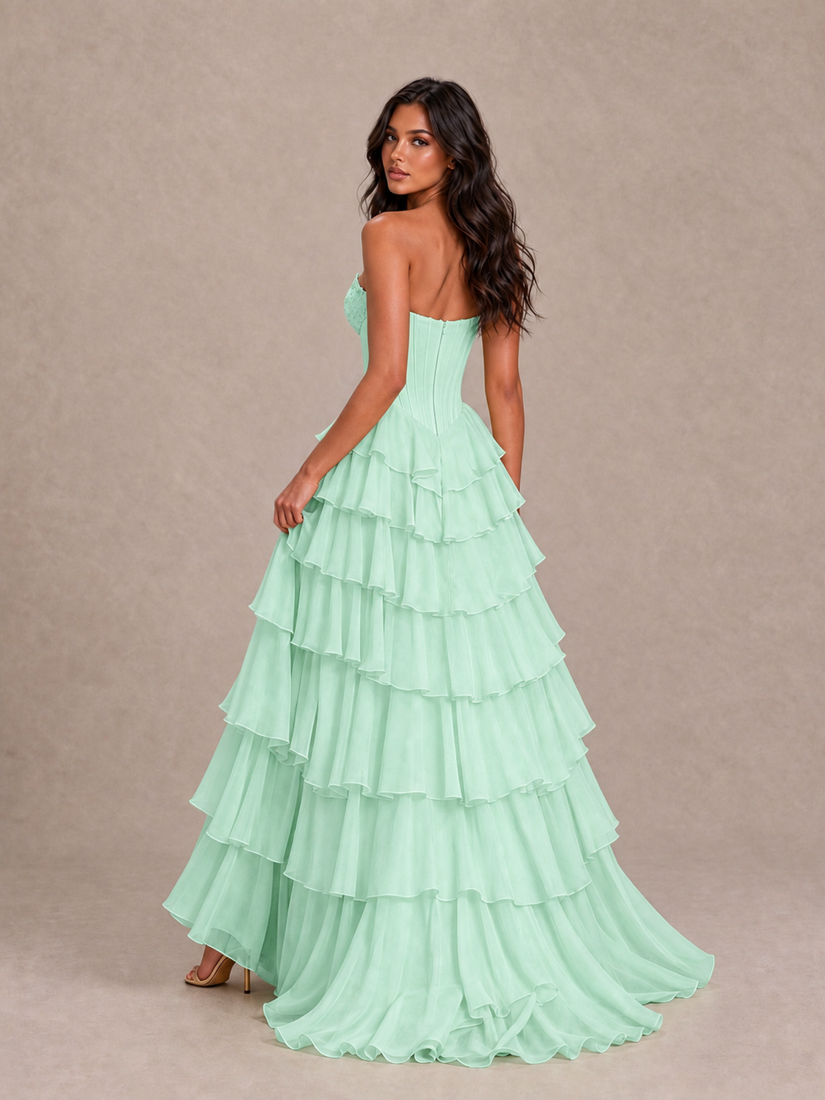 BOLODOO Mint Green Strapless Corset Tiered Ruffle Prom Dress with High Slit - Mint Green - Mint Green_2