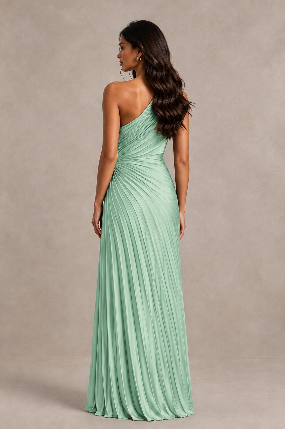 BOLODOO Mint Green One Shoulder Pleated Evening Dress with Ruched Waist and High Slit - Mint Green - Mint Green_2