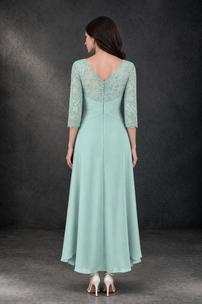 BOLODOO Mint Green Sequin Lace & Chiffon Tea-Length Mother of the Bride Dress with 3/4 Sleeves - Mint Green - Mint_Green_2