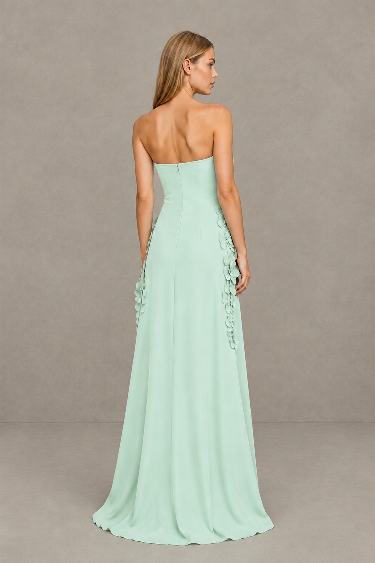 BOLODOO Mint Green Strapless 3D Floral Appliqué Crepe Maxi Gown - Mint Green - Mint_Green_2