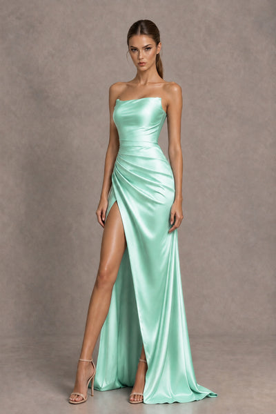 BOLODOO Mint Green Strapless Ruched Satin-Look Evening Dress with High Slit - Mint Green - Mint Green_2