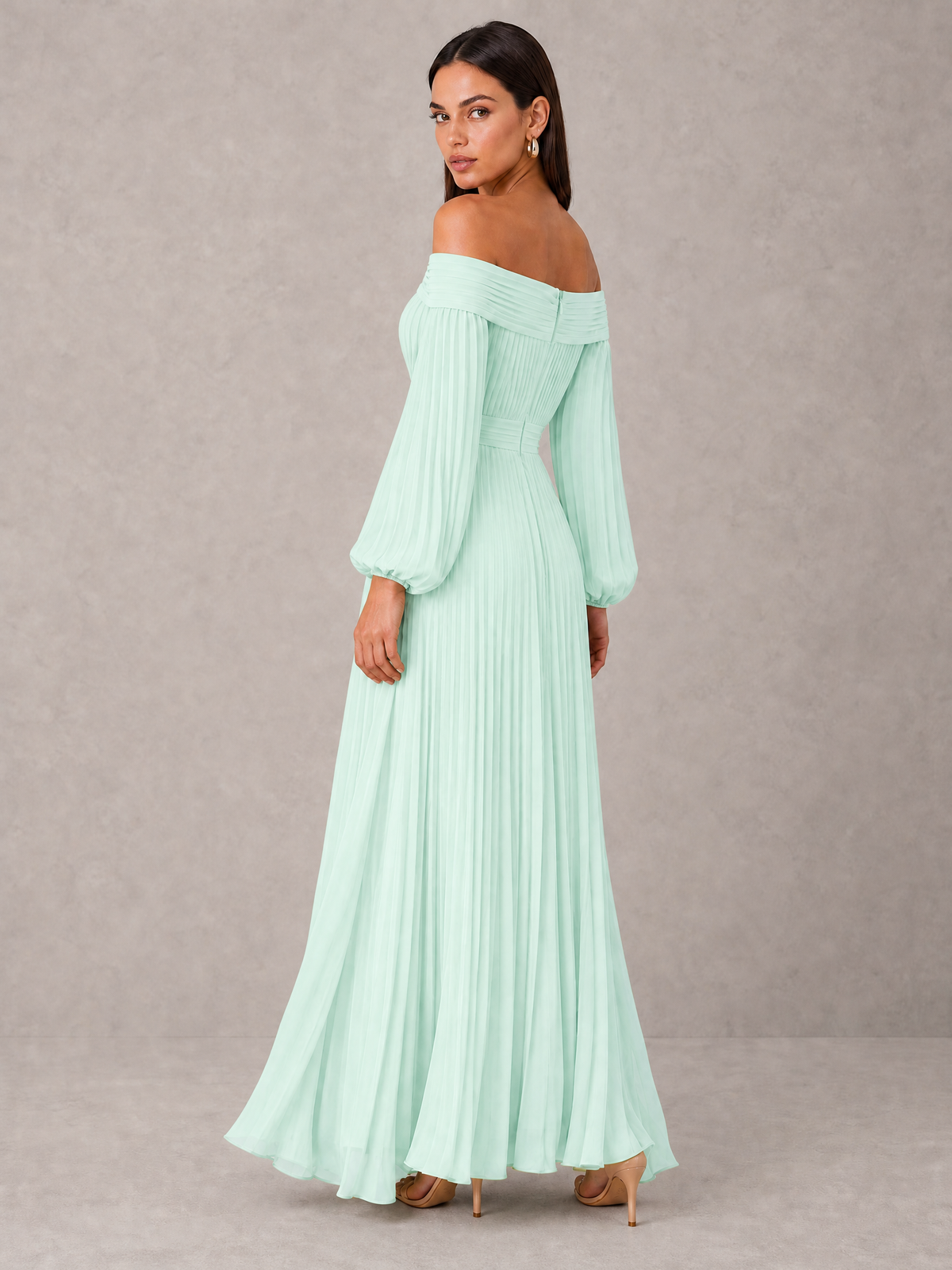 BOLODOO Mint Green Off-Shoulder Long Sleeve Pleated High-Low Dress - Mint Green - Mint_Green_2