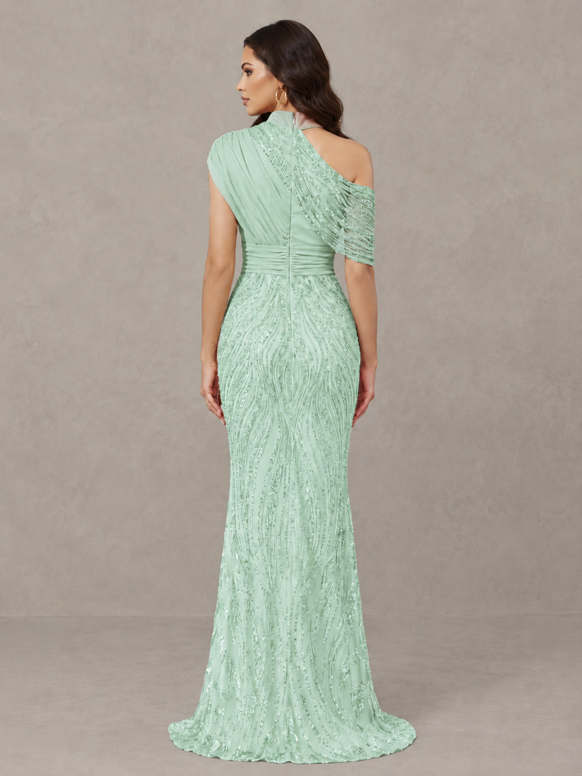 BOLODOO Mint Green High Neck Draped Sequin Mermaid Evening Gown - Mint Green - Mint Green_2