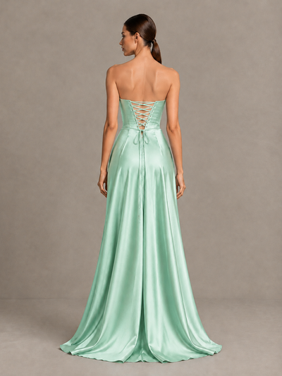 BOLODOO Mint Green Strapless Satin High-Slit Lace-Up Prom Dress - Mint Green - Mint Green_2