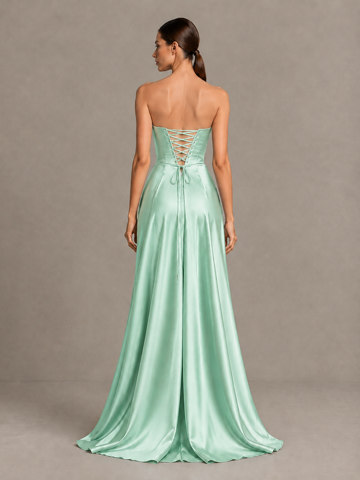 BOLODOO Mint Green Strapless Satin High-Slit Lace-Up Prom Dress - Mint Green - Mint Green_2
