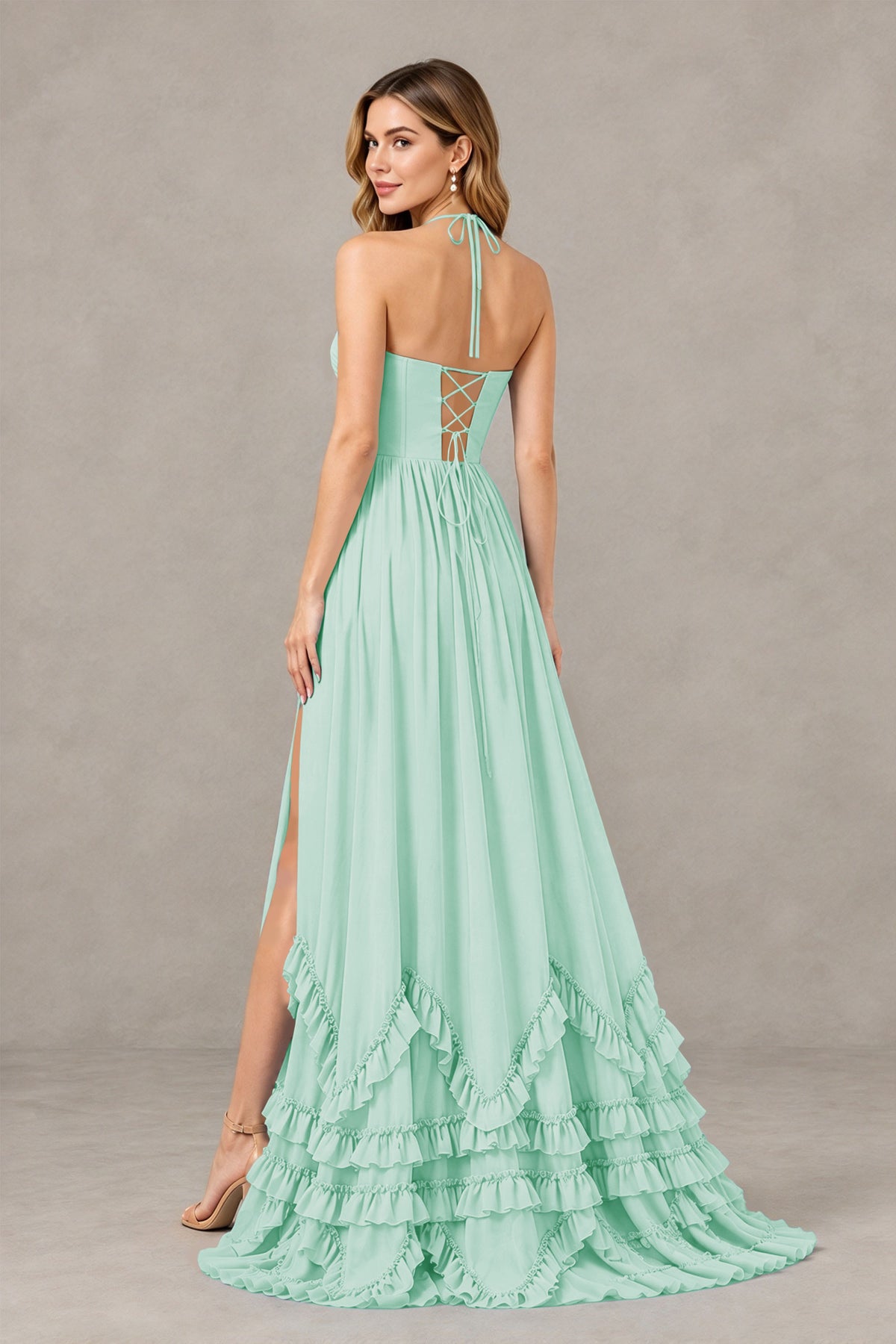 BOLODOO Mint Green Halter Ruffle Hem A-Line Bridesmaid Dress with High Slit - Mint Green - Mint Green(2)