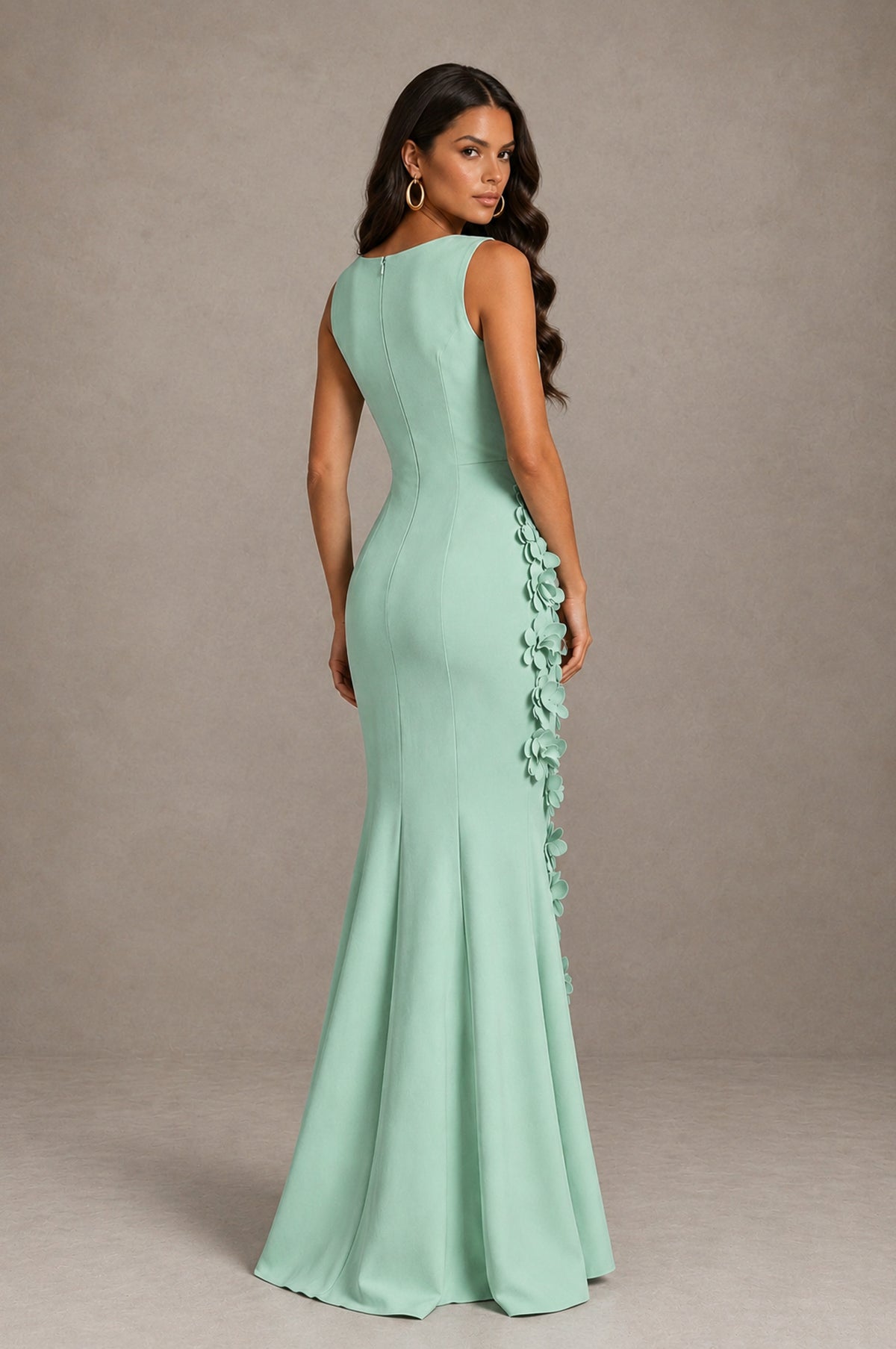 BOLODOO Mint Green Bateau Neck Sleeveless Asymmetric Peplum 3D Petal Appliqué Mermaid Gown BD0421 - Mint Green - Mint Green_2
