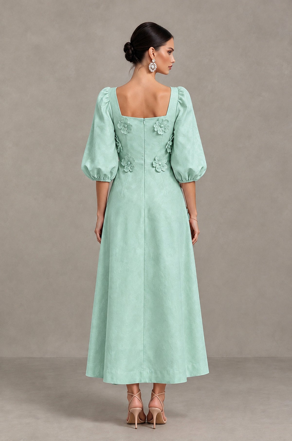 BOLODOO Mint Green 3D Floral Puff Sleeve Midi Cocktail Dress - Mint Green - Mint Green_2