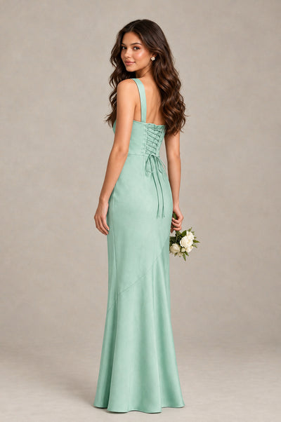BOLODOO Mint Green Square Neck Ruched Satin Lace-Up Bridesmaid Dress - Mint Green - Mint Green_2