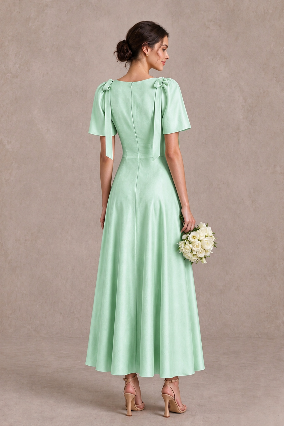 BOLODOO Mint Green V-Neck Short Sleeve Satin-Look Bridesmaid Dress with Shoulder Bows - Mint Green - Mint Green_2