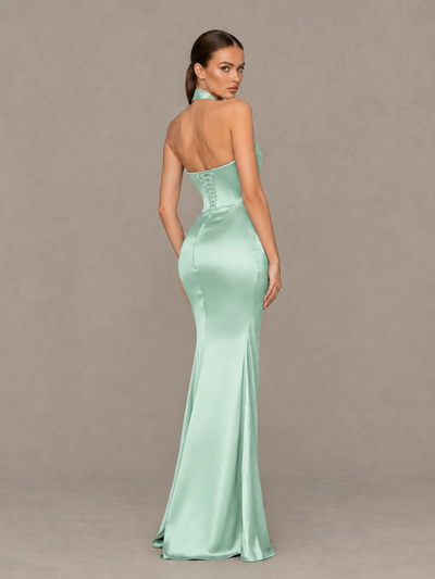 BOLODOO Mint Green Cross-Halter Ruched Satin-Look Evening Gown with High Slit - Mint Green - Mint Green_2