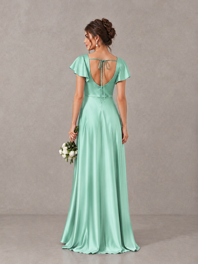 BOLODOO Mint Green Satin Square Neck Flutter Sleeve A-Line Bridesmaid Dress with Slit - Mint Green - Mint Green_2