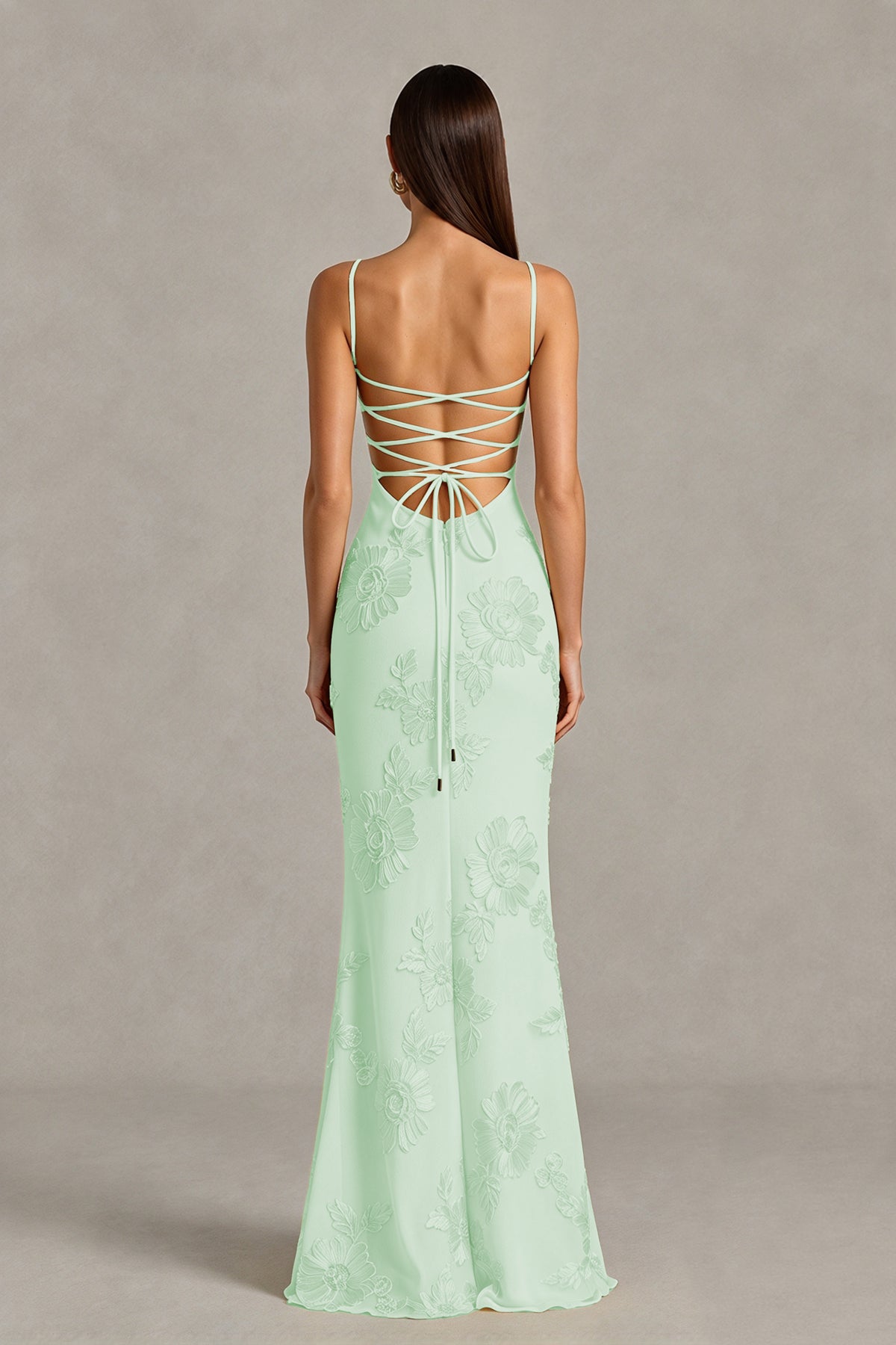 BOLODOO Mint Green Floral Lace-Up Back Mermaid Maxi Dress - Mint Green
