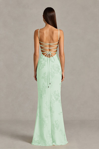 BOLODOO Mint Green Floral Lace-Up Back Mermaid Maxi Dress - Mint Green