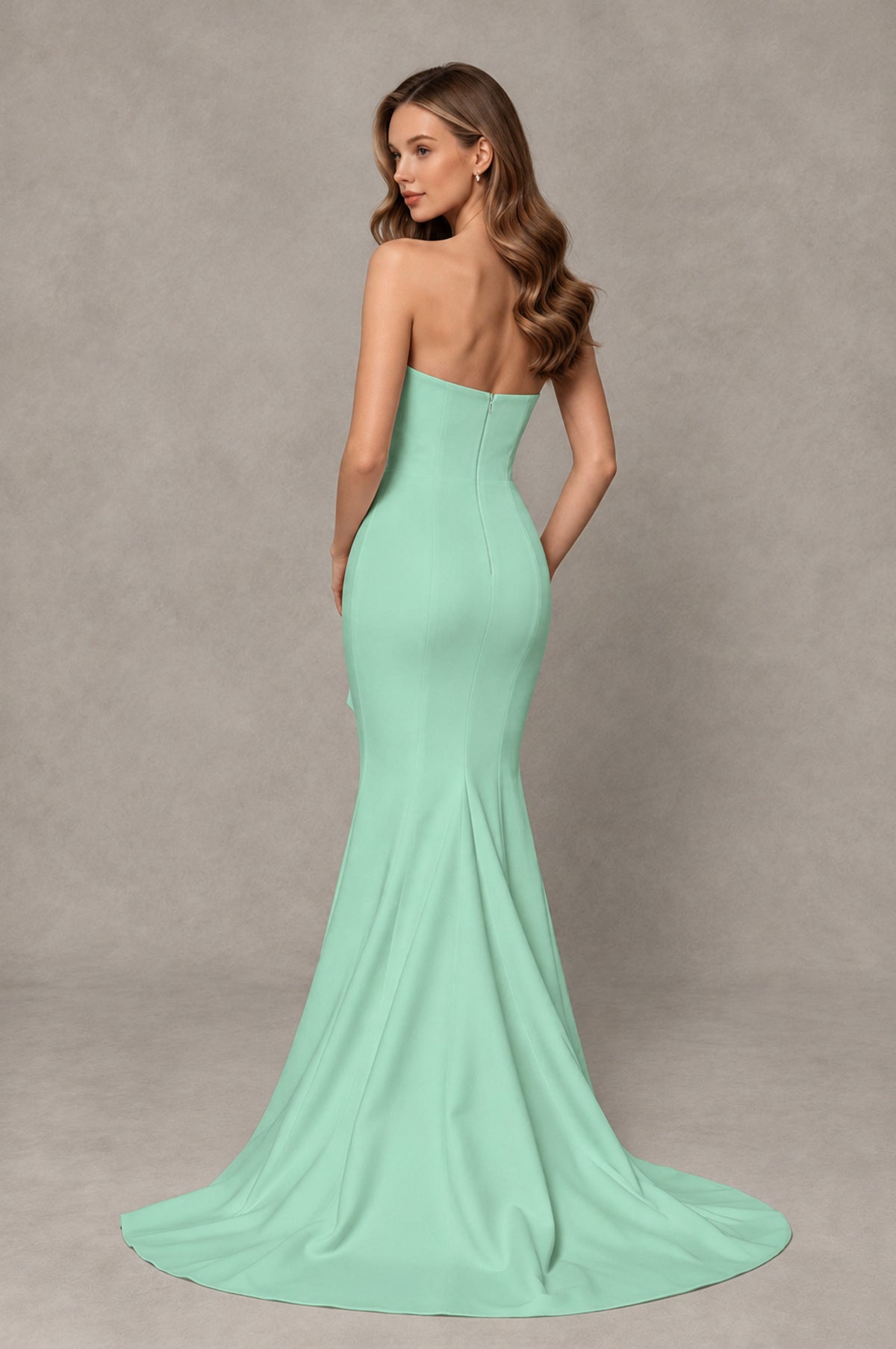 BOLODOO Mint Green Strapless Mermaid Evening Dress with Ruffle Slit and Train - Mint Green - Mint Green_2