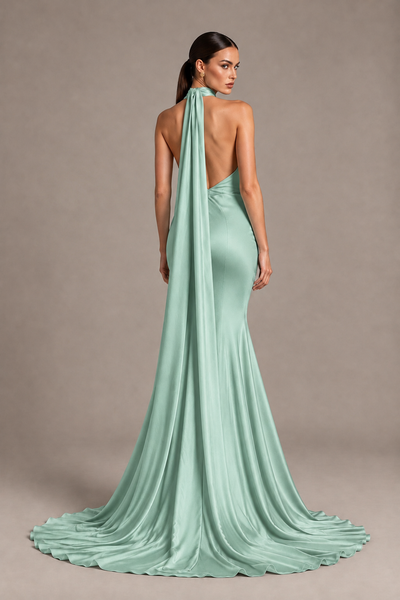 BOLODOO Mint Green One-Shoulder Satin Mermaid Evening Dress with Scarf - Mint Green - Mint Green_2