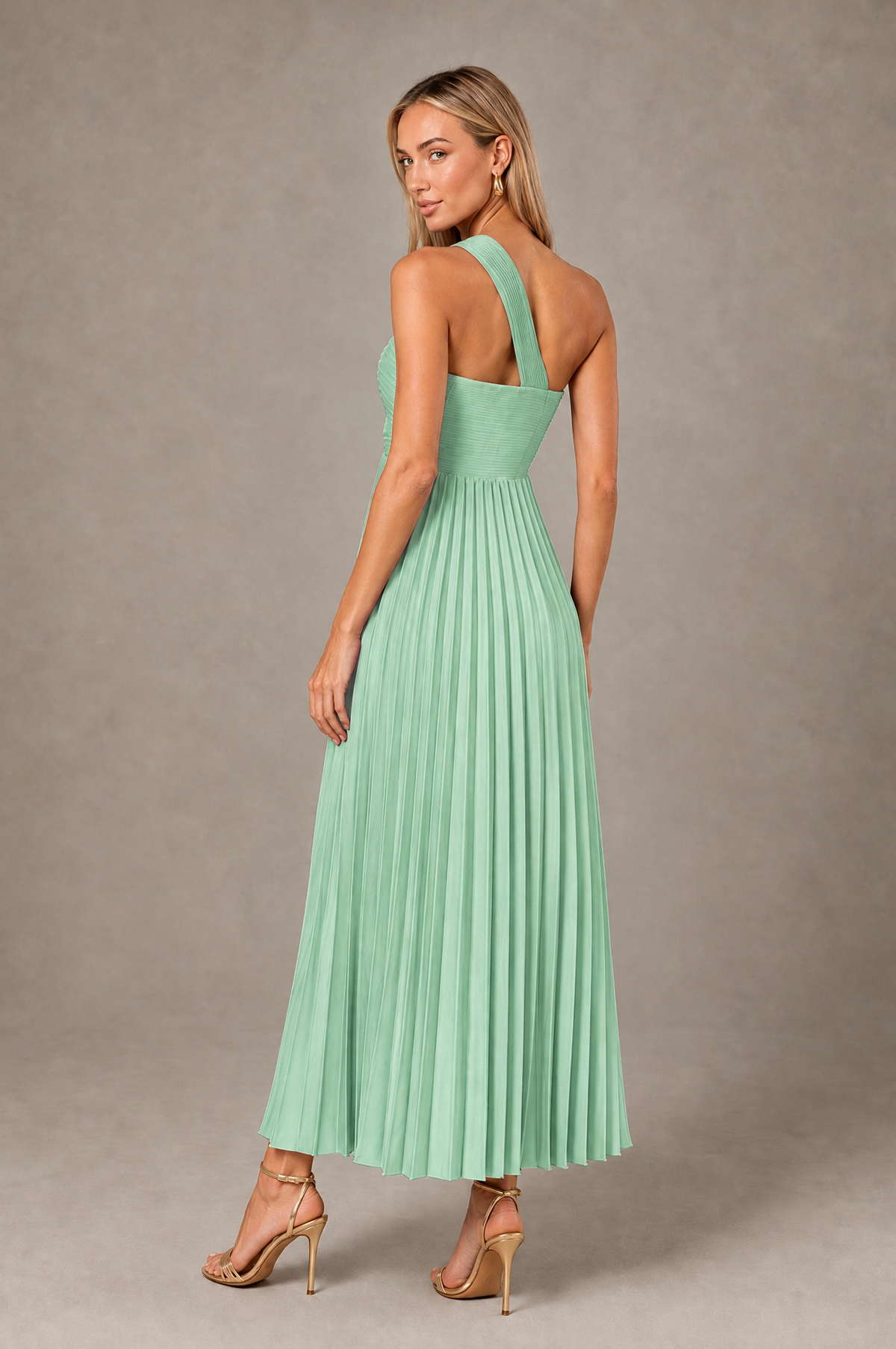 BOLODOO Mint Green One-Shoulder Twist Knot Pleated Satin Midi Dress with Cutout - Mint Green - Mint_Green_2