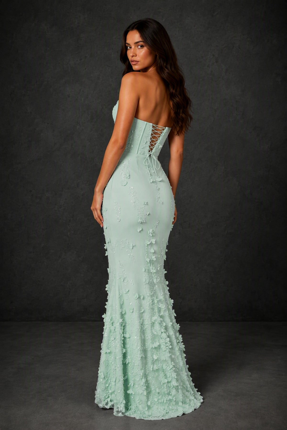 BOLODOO Mint Green 3D Floral Sequin Corset Strapless Mermaid Gown - Mint Green