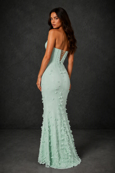BOLODOO Mint Green 3D Floral Sequin Corset Strapless Mermaid Gown - Mint Green