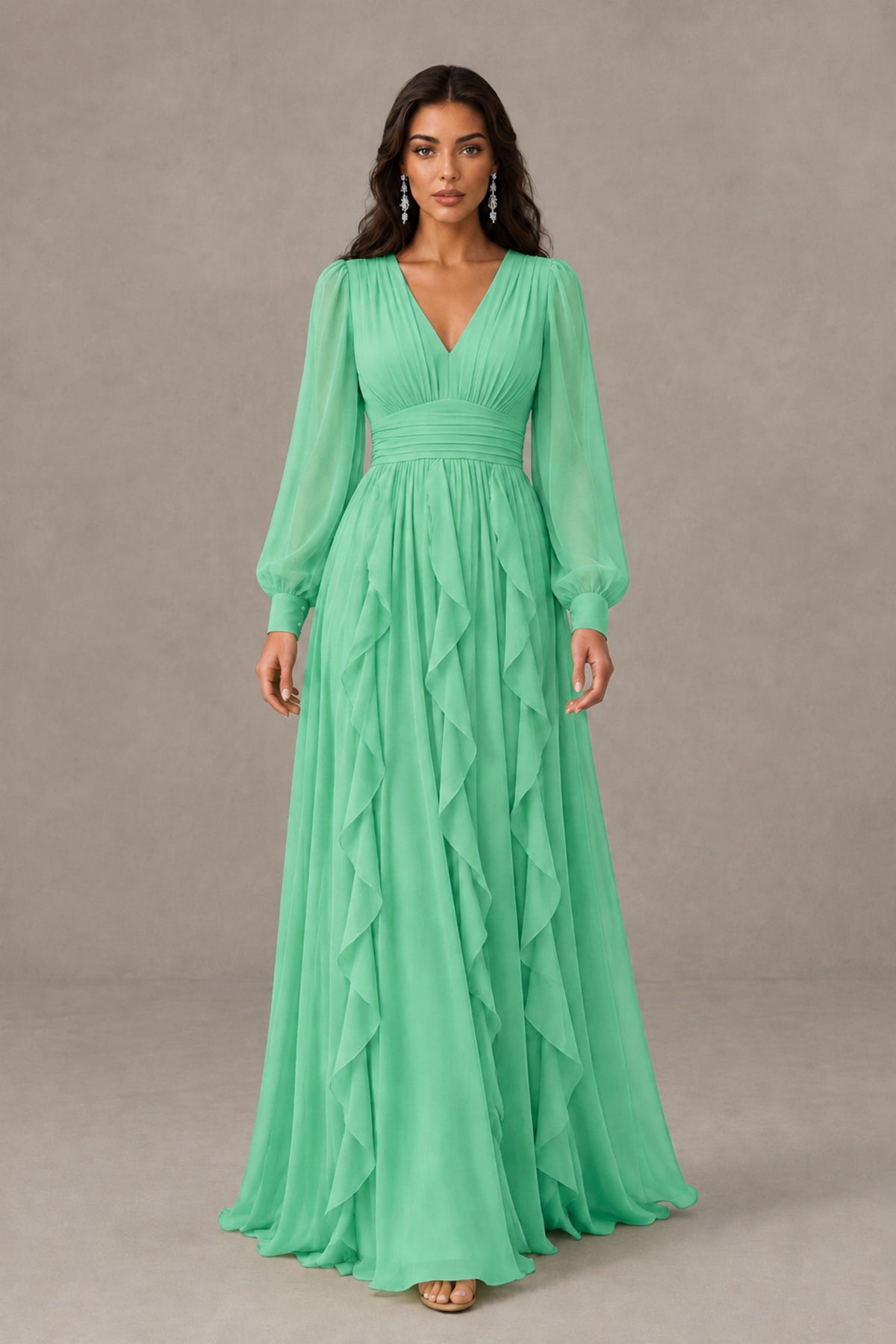 BOLODOO Mint Green Long Sleeve V-Neck Ruffle Maxi Dress - Mint Green
