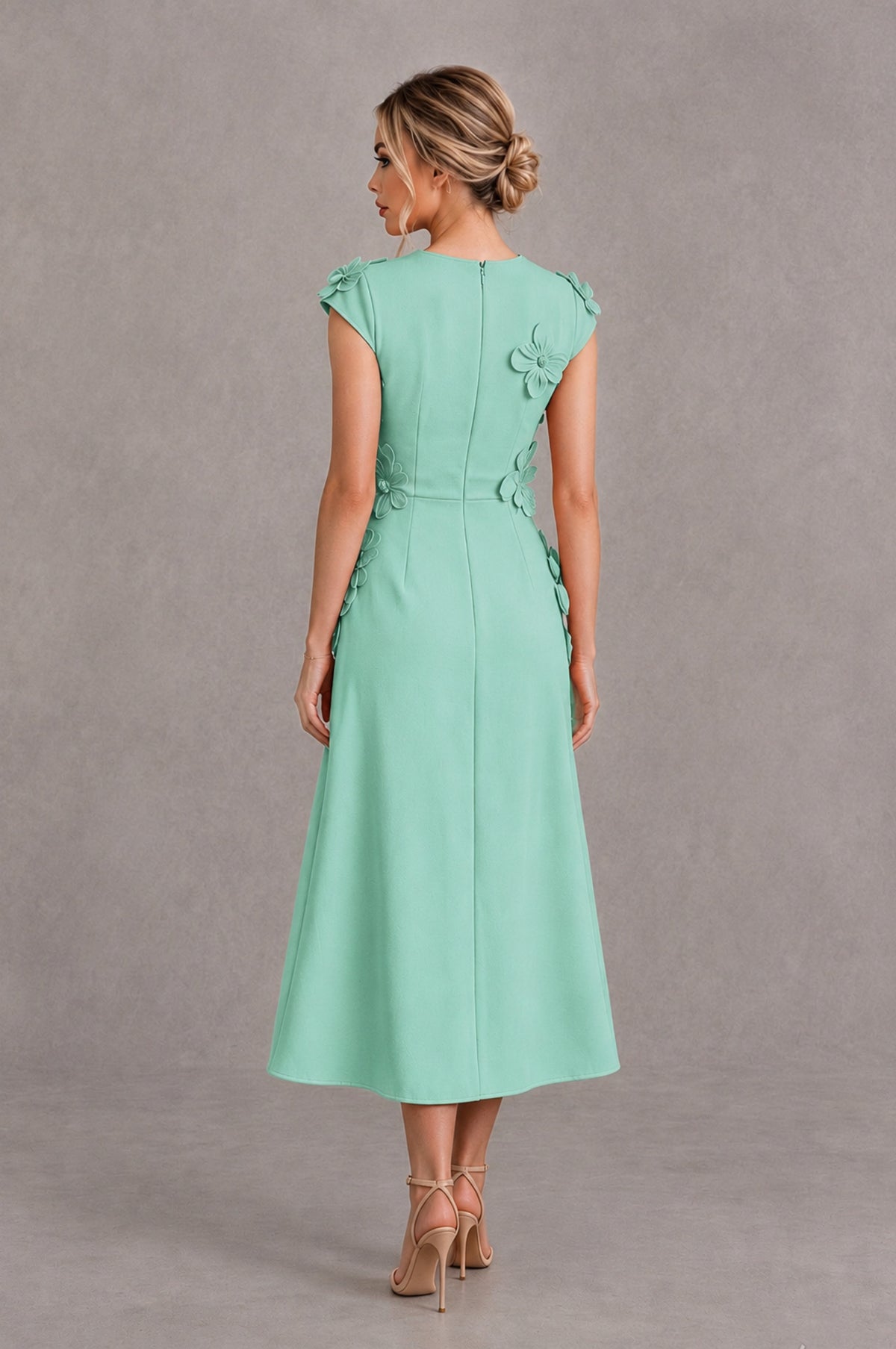 BOLODOO Mint Green 3D Floral Cap Sleeve Midi Cocktail Dress - Mint Green - Mint Green_2