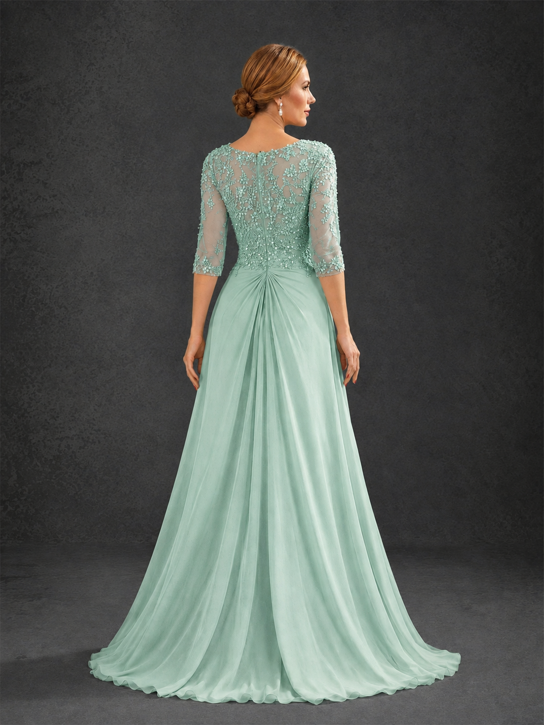 BOLODOO Mint Green Sweetheart Neck 3/4 Sleeve Floral Lace Illusion Bodice Chiffon A-Line Gown - Mint Green
