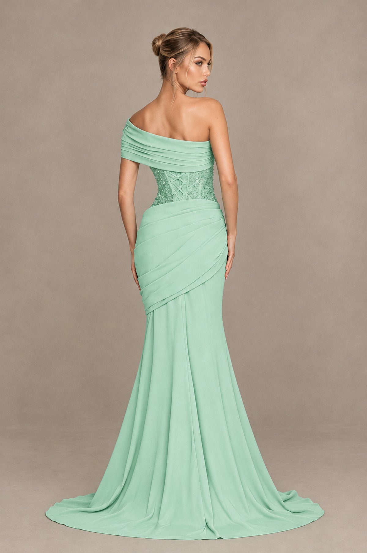 BOLODOO Mint Green One-Shoulder Sequin Embroidered Ruched Mermaid Gown with Train - Mint Green - Mint Green_2