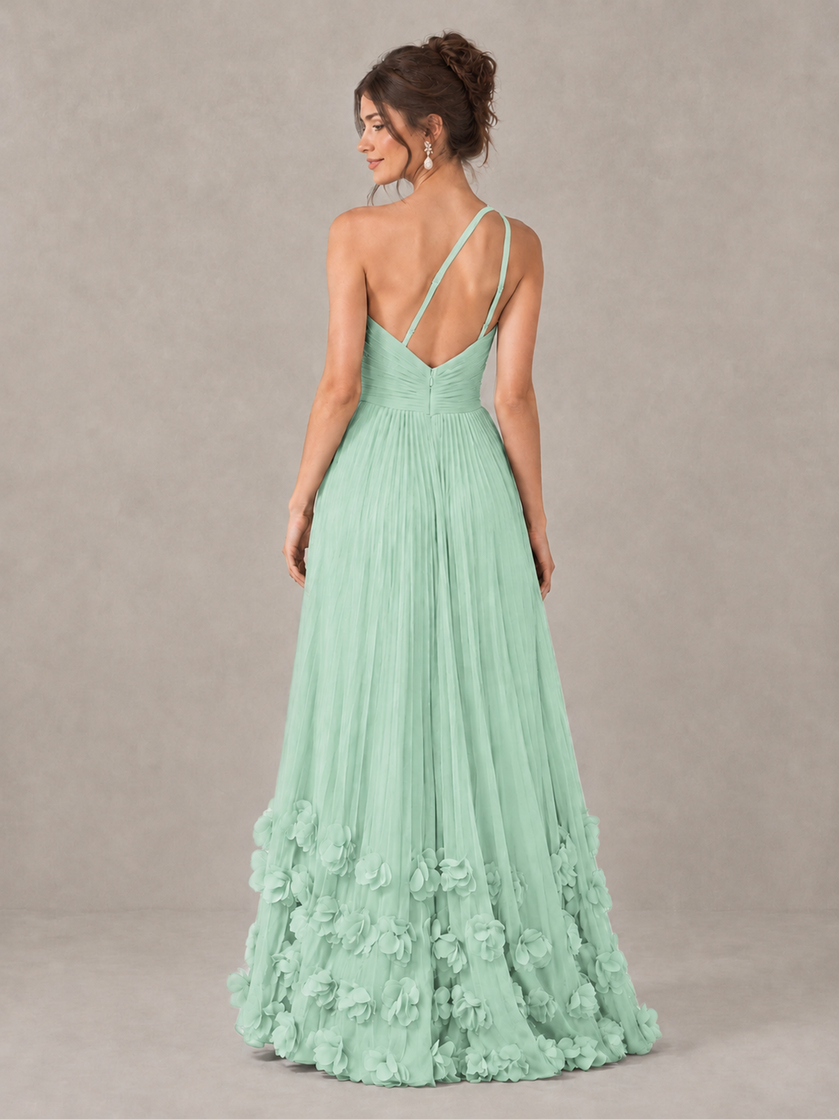 BOLODOO Mint Green One-Shoulder Pleated Bridesmaid Dress with 3D Floral Hem - Mint Green - Mint Green_2