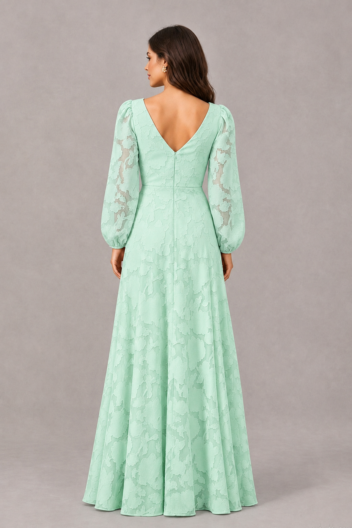 BOLODOO Mint Green Long Sleeve V-Neck A-Line Mother of the Bride Dress - Mint Green - Mint Green_2