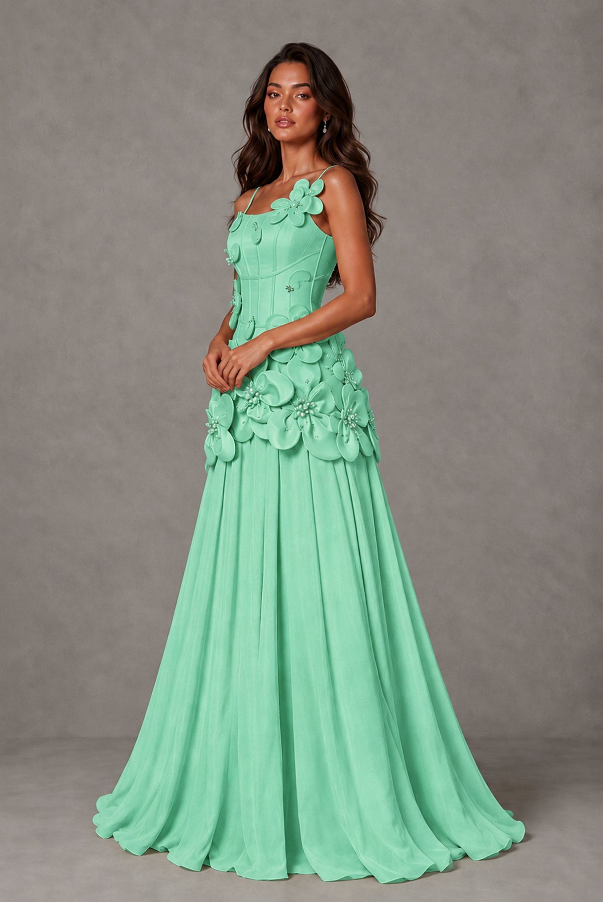 BOLODOO Mint Green 3D Floral Appliqué Floor-Length A-Line Evening Gown - Mint Green