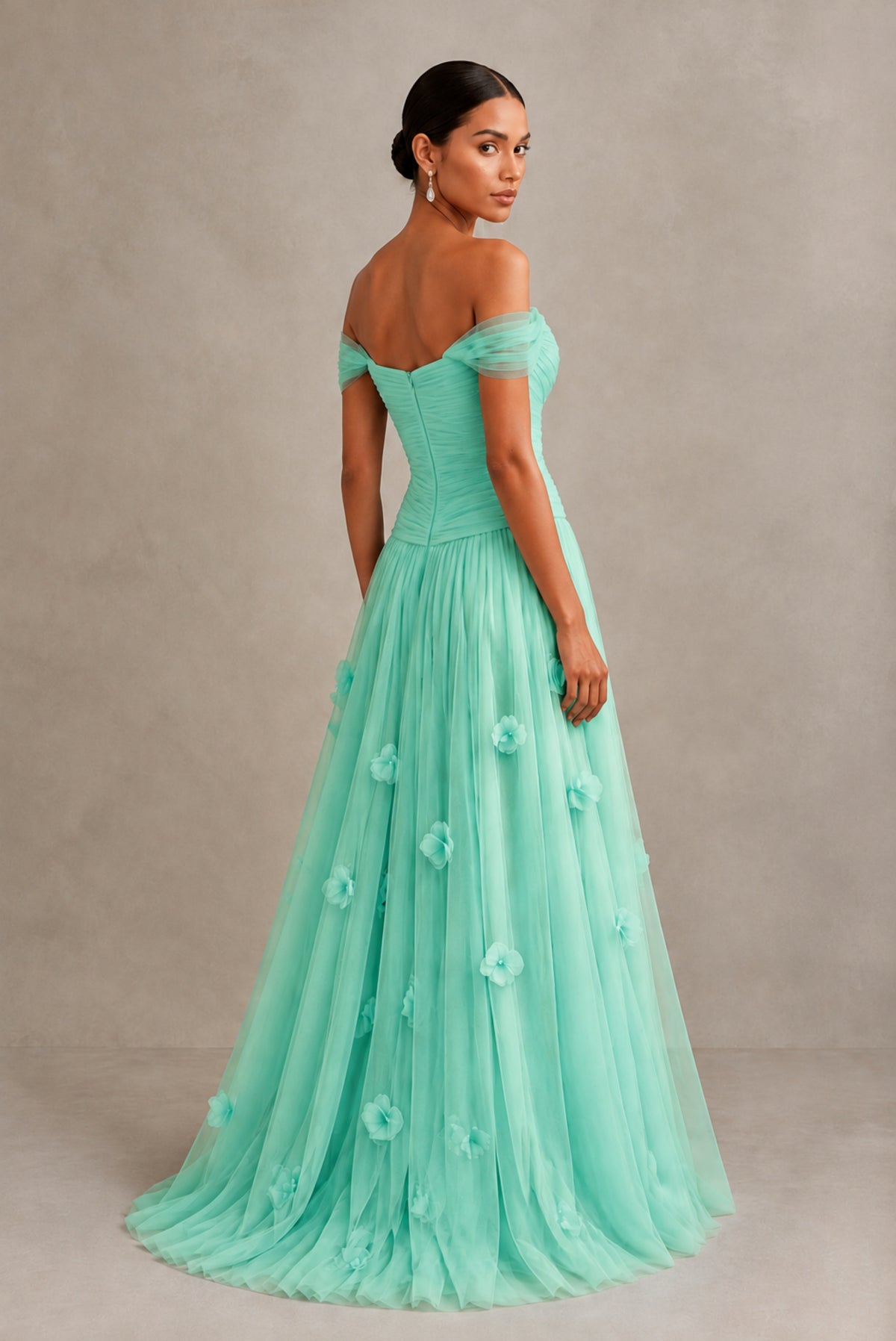 Mint Green Off-Shoulder Sweetheart A-Line Tulle Gown with 3D Floral Appliques | BOLODOO - Mint Green