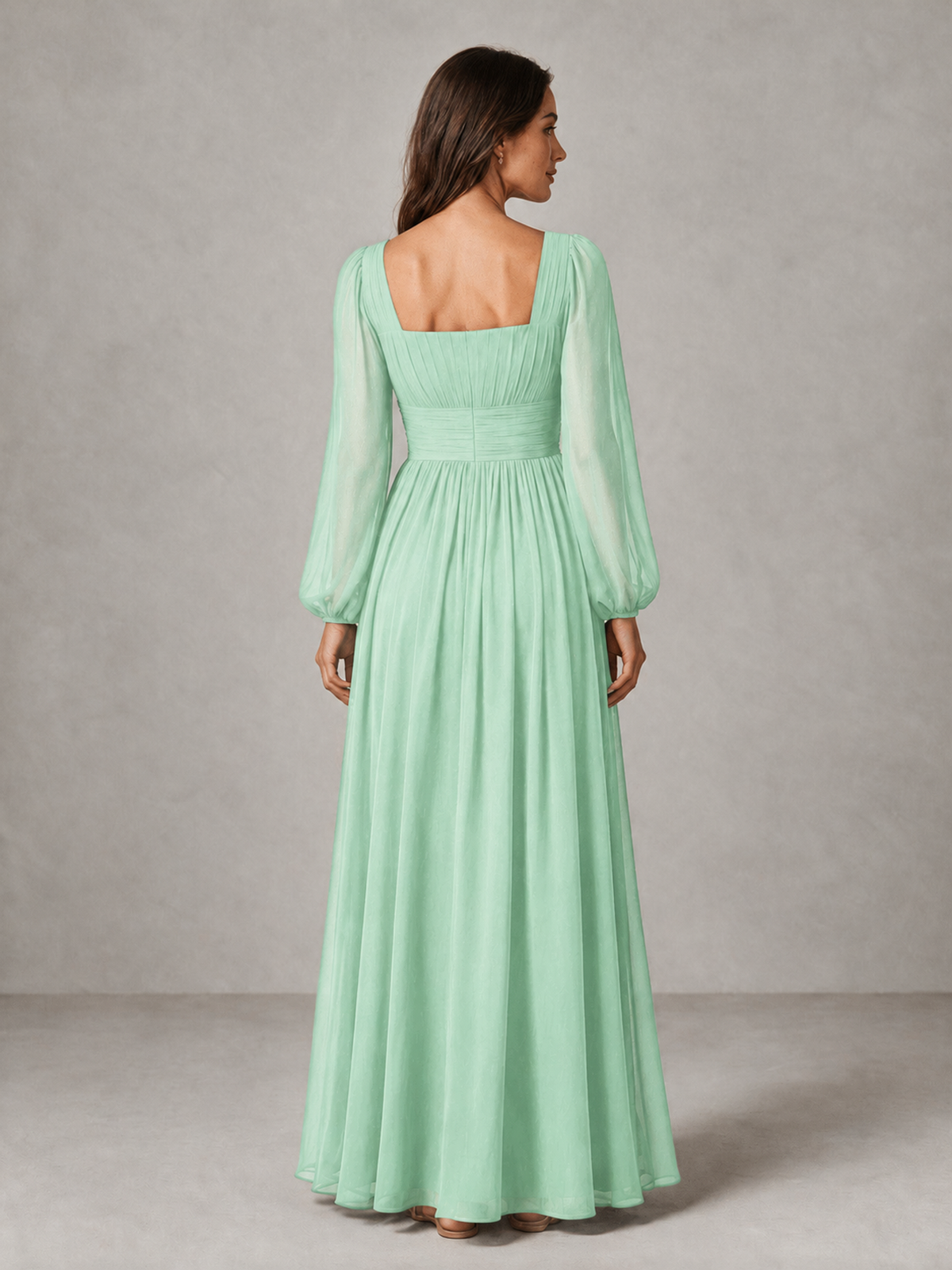 BOLODOO Mint Green Square Neck Long Sleeve Chiffon Bridesmaid Dress - Mint Green - Mint Green_2
