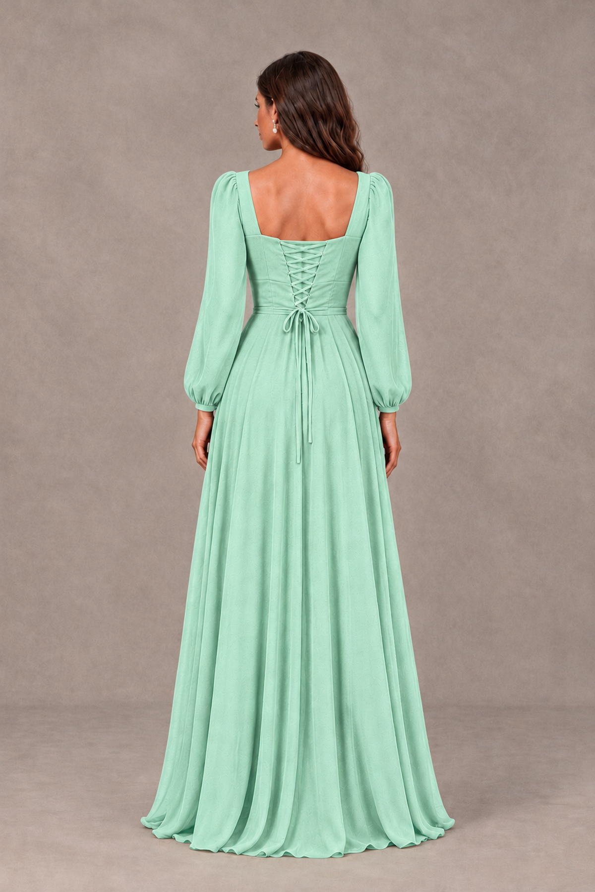 BOLODOO Mint Green Square Neck Long Sleeve A-Line Bridesmaid Dress - Mint Green - Mint Green_2