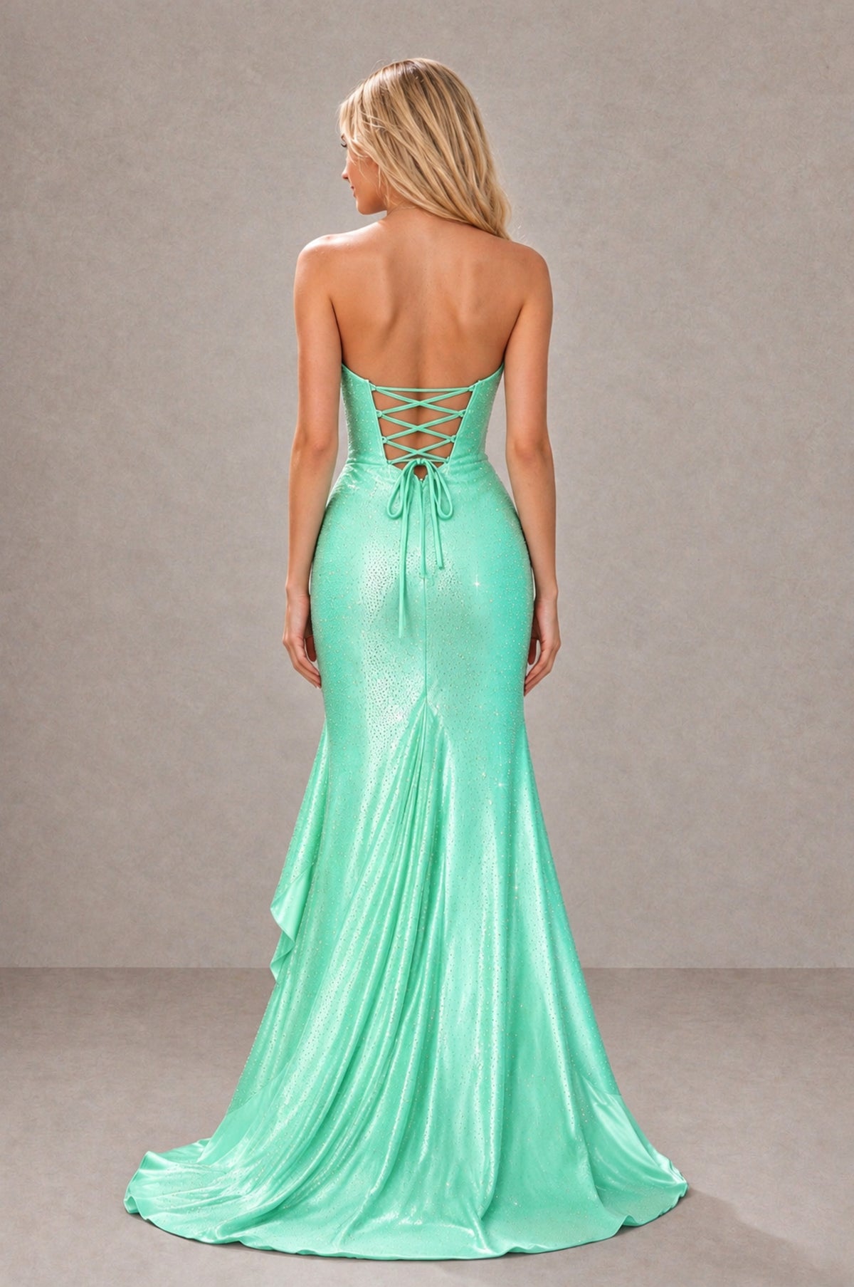 BOLODOO Mint Green Strapless Corset Mermaid Prom Dress with Ruffle Slit - Mint Green - Mint Green_2