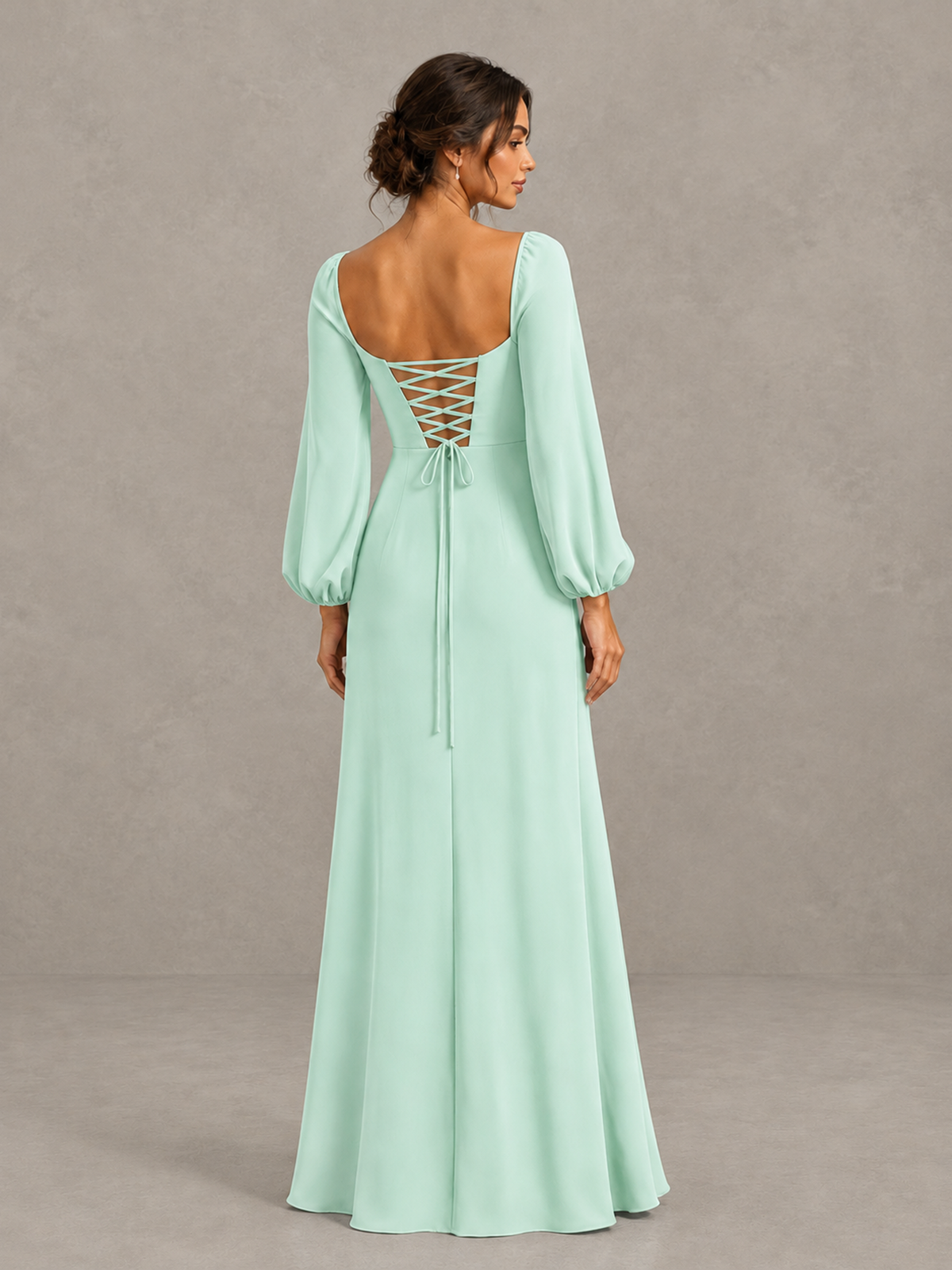 BOLODOO Mint Green Square Neck Long Sleeve Bridesmaid Dress with High Slit - Mint Green - Mint Green_2