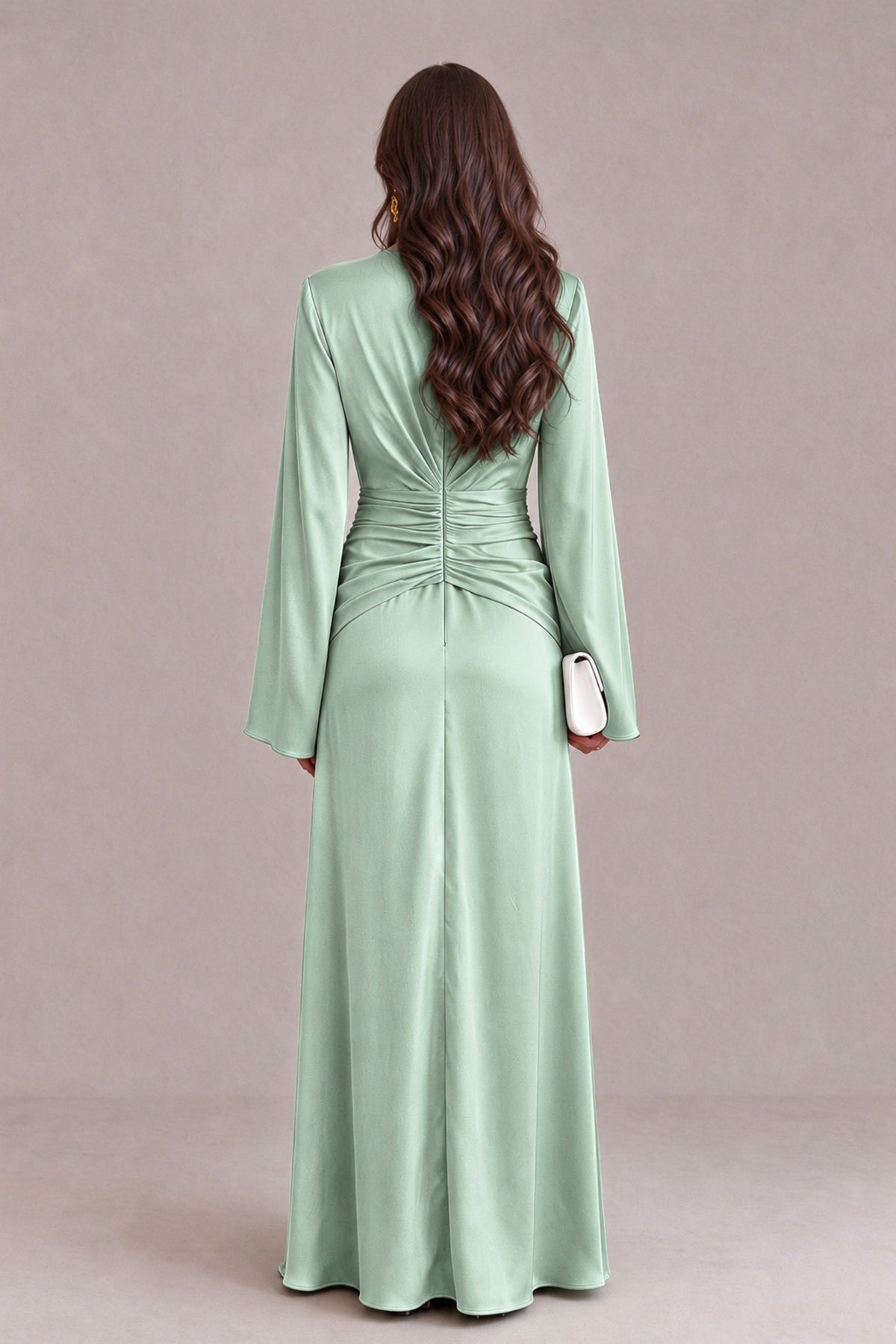 BOLODOO Mint Green Yellow Satin-Look V-Neck Long Bell Sleeve Evening Dress - Mint Green - Mint_Green_2